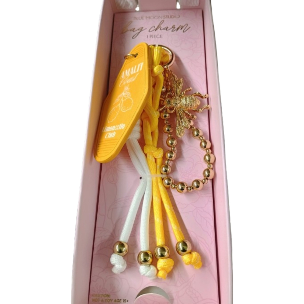 Bee Motif Yellow and White Key Bag Charm with Gold Bracelet/Shoestring Accents